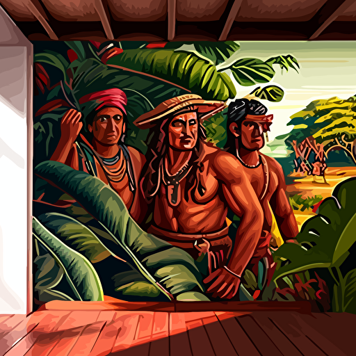 pintura mural, con campesinos amazonicos nativos cosechando uva , en vectores , luz suave ,