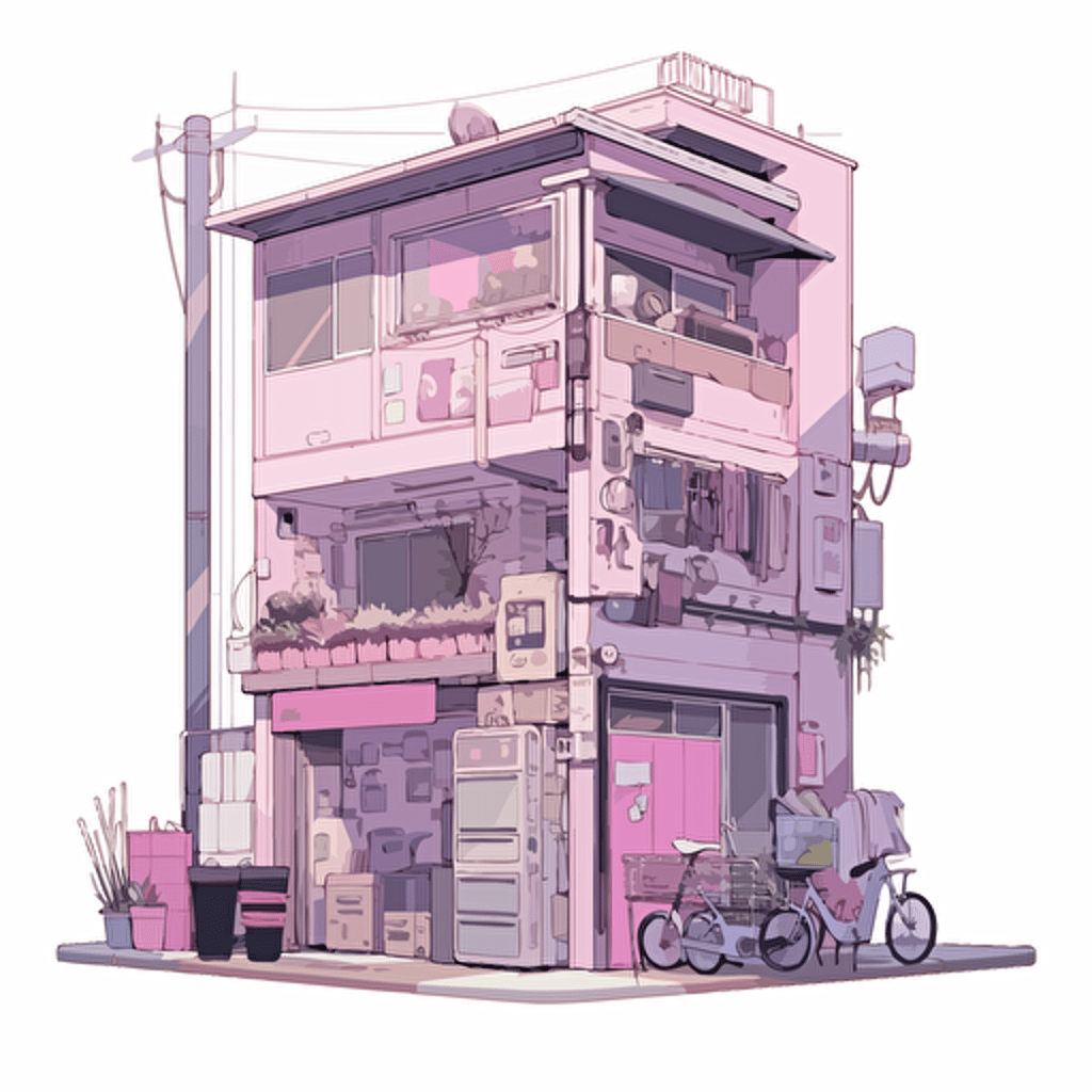 Vector illustration of an apartment building, Aesthetics clean and minimalist, with purple and pink color scheme