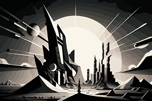 black and white vector type image of a scifi futuristic landscape v 5