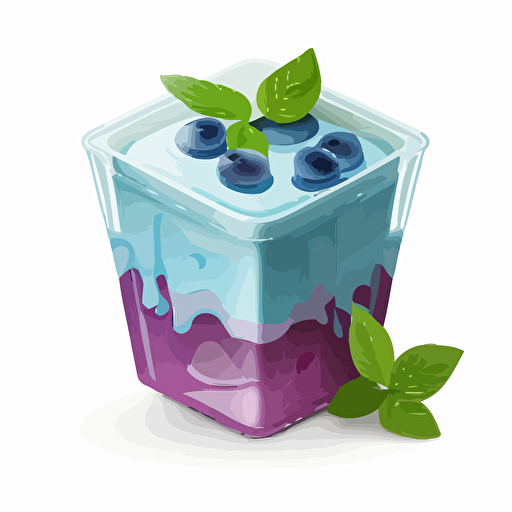 illustration of a blueberry and yogurt mousse in a clear square mica plastic cup,blueberry puree on top, mint leave on top, water color, die cut sticker, vector.
