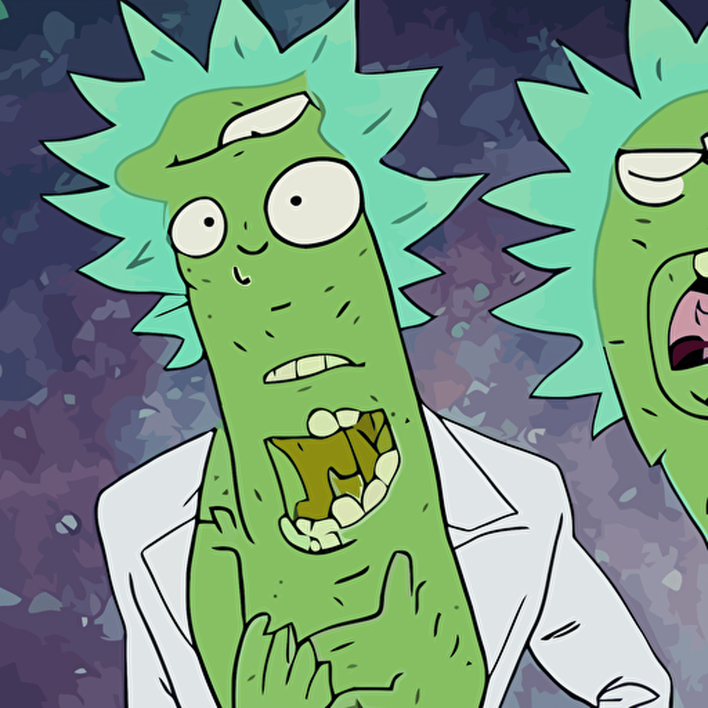 rick sanchez transforming pickle rick terrified new body slowly breaks green goo adult swim cartoon 2d art