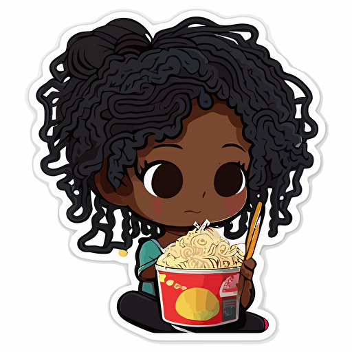 cute young black girl eating ramen sticker art, vector, cut sticker