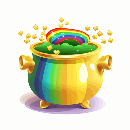 pot of gold, rainbow, detailed, cartoon style, 2d clipart vector, creative and imaginative, hd, white background