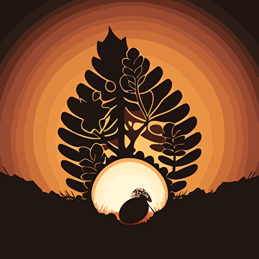 A one color vector image of a sunrise with an acorn silhouette in the foreground, representing the idea of new beginnings and growth