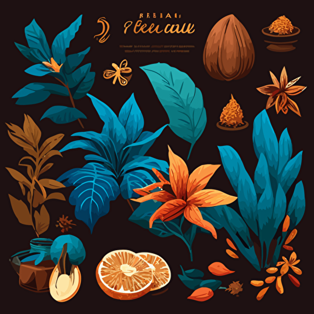 tropical plants flowers and latin Food background designs, [blue, orange, brown, and gold colo scheme here]::3 modern, clean, design, vector, items, food, RTX