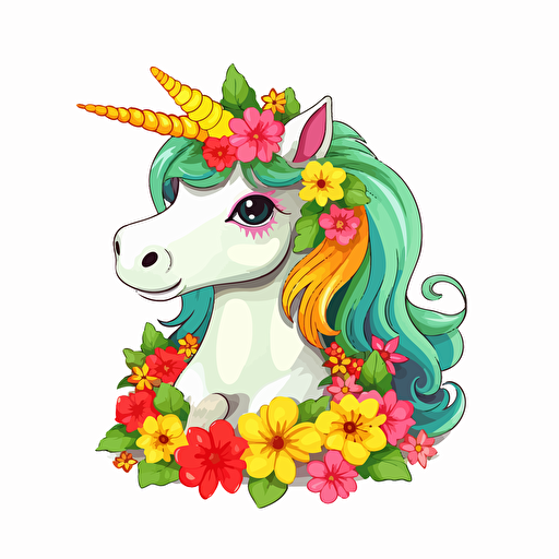 cute rainbow unicorn, flowers, detailed, cartoon style, 2d clipart vector, creative and imaginative, hd, white background