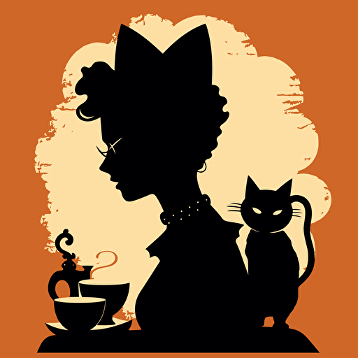 silhouetted amazing vector art of a cartoon cat carried by Frida Kahlo with a coffee cup