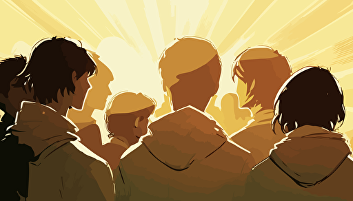 A warm sunny summer day in the late afternoon sun a background context. vector art, softly colored modern day people, small group, huddled together praying with heads bowed and holding each other's hands, facing the horizon. Make the angle wide angle with some depth of field . Wide angle with some depth of field