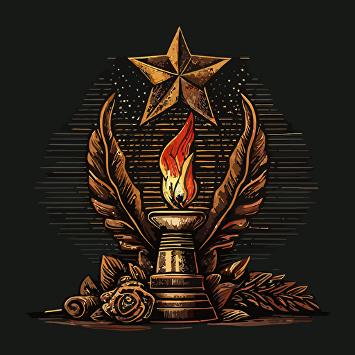 Vector Hand drawn victory day illustration, eternal flame emanating from golden star on granite