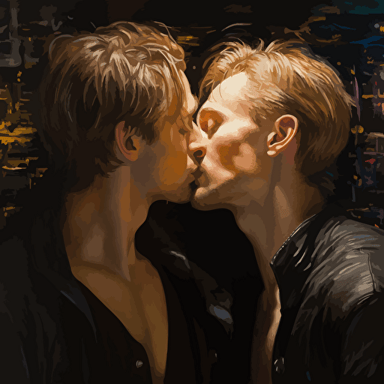 close-up of two flirtatious young gay men at a nightclub playfully leaning in for a romantic kiss, tanned chest, defined abs, gorgeous composition, highly detailed, soft lighting, dynamic pose, vector, style of yoann lossel, william merritt chase, robert mapplethorpe, yoshitaka amano, keith haring, rich colors