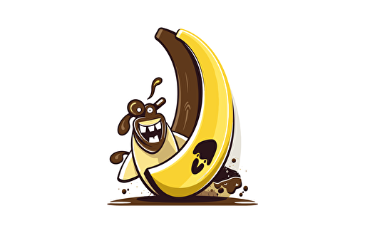A fun Vector logo for a "Chocolate dipped Banana riding a surfboard" company called "Nick's Banana's", White background,
