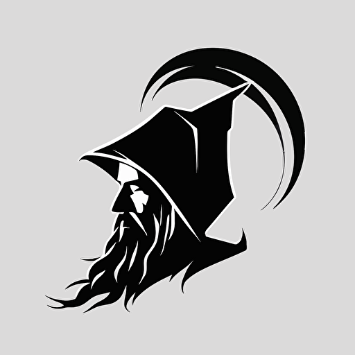 minimalistic iconic logo of jolly wizard wearing headphones, black vector, on white background