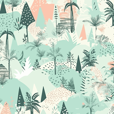 Leaves, trees, palmtree, mountains, and everything representing nature in minimalistic style pattern, fabric print in vibrant christmas themed colors vector pattern light mint color background