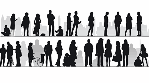 set of silhouettes of urban people, flat design, vector illustration, black and white, isolated elements, simple white background