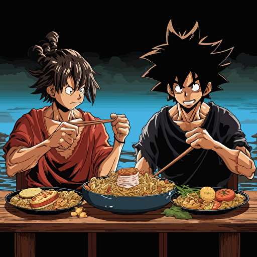 Goku vs Monkey D. Luffy ramen eating contest. Vector image. Drawing. High detailed. Black background.