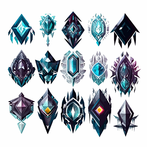 Collection of futuristic cut jewels, cyber punk, translucent, shiny object, high detail, symmetrical, vector, cartoon, white background