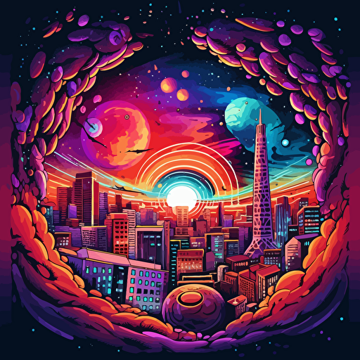 colorful vector art, san francisco in a worm hole and colorful galaxy in the background