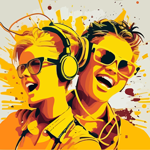 Vector popart yellow orange colours, front closeup of a male and female DJ happily singing, Goggles, musical notes flying, white background