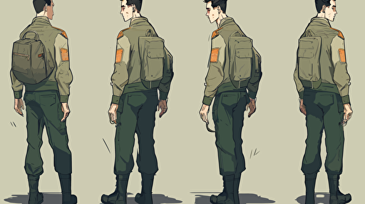 character design, vector illustration, militar, front side back views, 6 panels