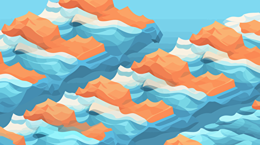 knolling isometric vector of ocean waves, firewatch style, close-up, on a light blue to orange gradient background