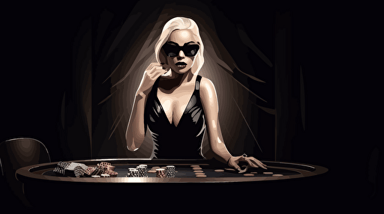 Lady Gaga in super tight black rubber dress, big sunglasses, standing at a poker table in a dark room vector illustration