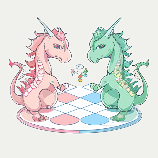 Dragon and unicorn play against each other in boardgame, ticker, colorful, kawaii, contour, vector, white background