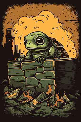 a scared and nervous turtle in front of a dumpsterfire, illustrated vector art, professional work,
