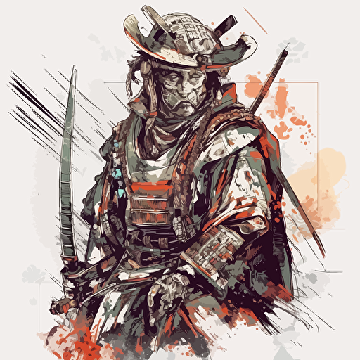 nanopunk style samurai warrior, ancient, futuristic, 2d, vector, white background