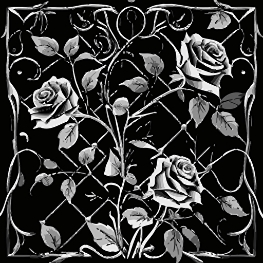 black and white vector pattern, roses and thorns tile