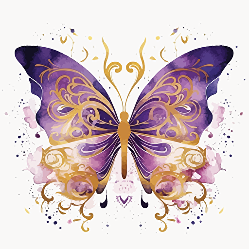 whimsical and cute watercolor butterfly design in purple and gold, vector