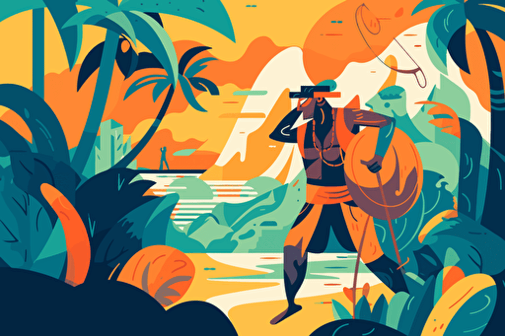 On a tropical island, the captain is celebrating the discovery of treasure on the beach, with hostile native people visible in the background, ready to attack him. This is an expressionist style of Picasso, minimalist shapes vector style and featuring bright colors.