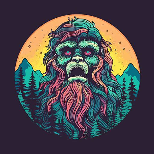 Vector logo sticker for a sasquatch themed gift shop realistc, trippy, proffesional, happy, bright colors, the moon