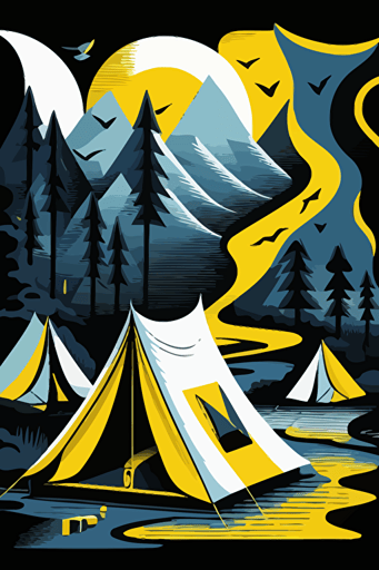 camping in the wilderness next to river, simple geometrical shapes, blue, yellow and white colors, pop art deco illustration, hand vector art, black background,