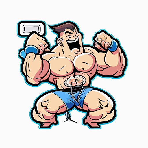 a muscular man playing video games, Sticker, Happy, Adorable, Primary Color, Cartoon, Contour, Vector, White Background, Detailed,