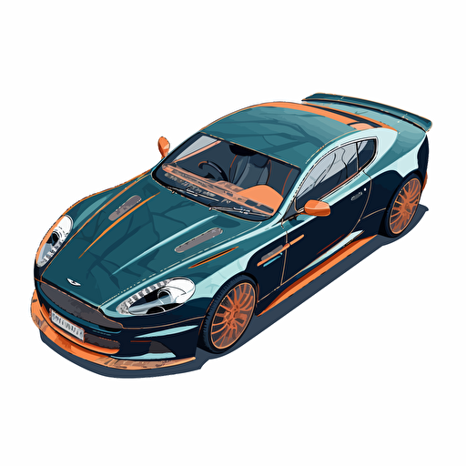 isometric 2008 Aston Martin DBS Coupe with Gulf Oil livery icon, in the style of Matthew Skiff illustrations, in the style of Christopher Lee illustrations, in the style of Jonathan Ball illustrations, simple, rough-edged drawing, vector illustration, flat art,