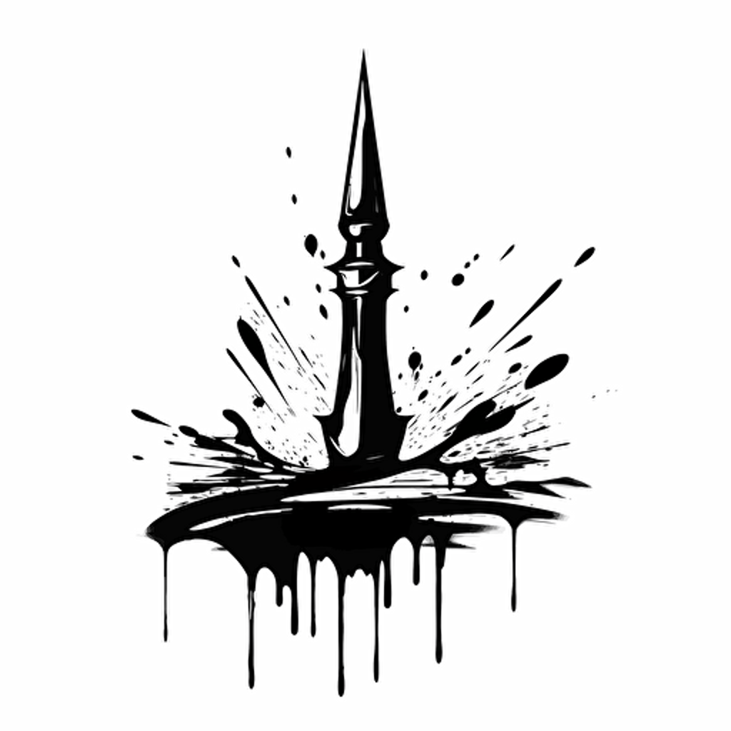 simple symbol design of sword, fountain pen, ink, and music, 1950's style, vector, fallout 4 clip art, white background