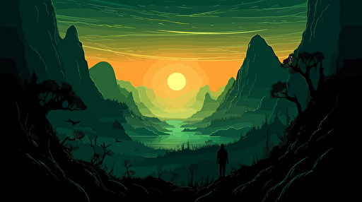 perspective of a someone who just landed on a foreign jungle planet with mountains, abstract and illuminated flora, slighly dark, vector illustration