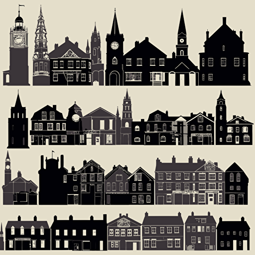 totally flat 2D vector-style silhouettes of wellngborough UK house styles, single colour, black and white only