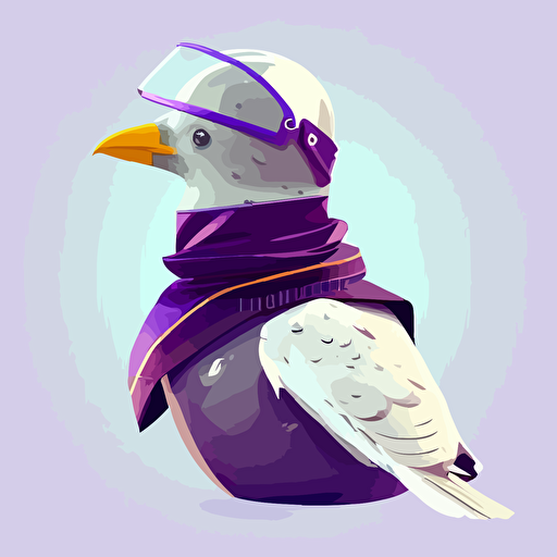 seagull dressed in a purple scarf with a transparent astronaut helmet flat vector 2d illustration