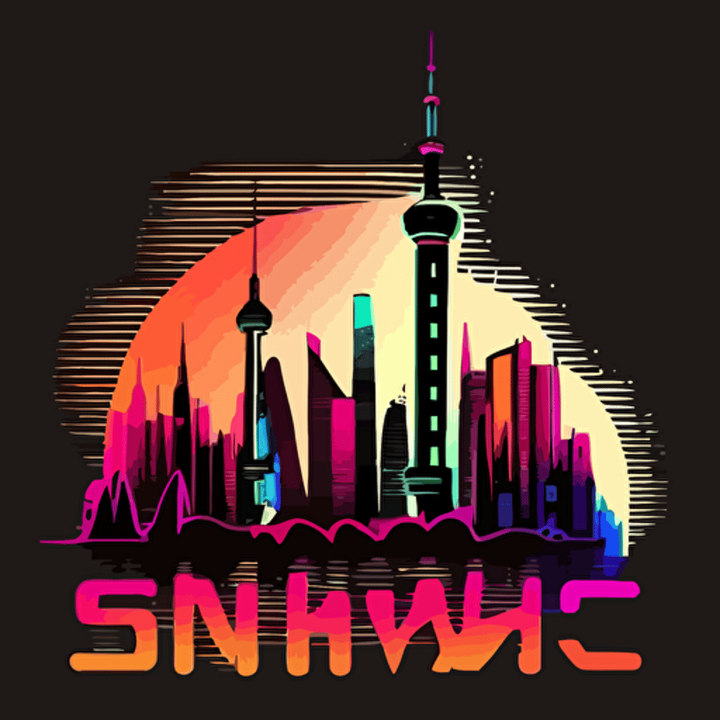 shanghai skyline, stylistic vibrant neon colors, noir edge, vector image