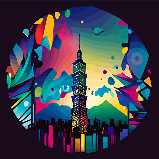 vector art colorful, galaxy, inside shilouette of taipei 101