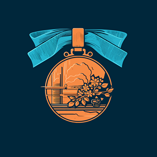 a vector drawing of a bronze medal on a blue background, flat colors, japanese, sophisticated, beautiful