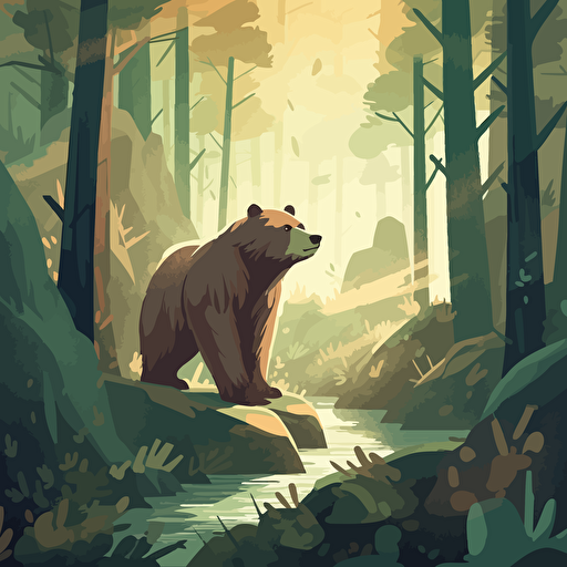 a flat illustration of a bear in a forest by killian eng, adobe illustrator, vector, poster