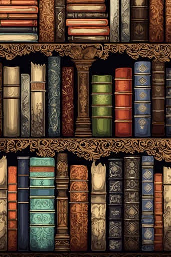 vector image, pdf, svg, thick strokes ::1 books with intricate bookcovers fill the shelves of the infinite library ::1