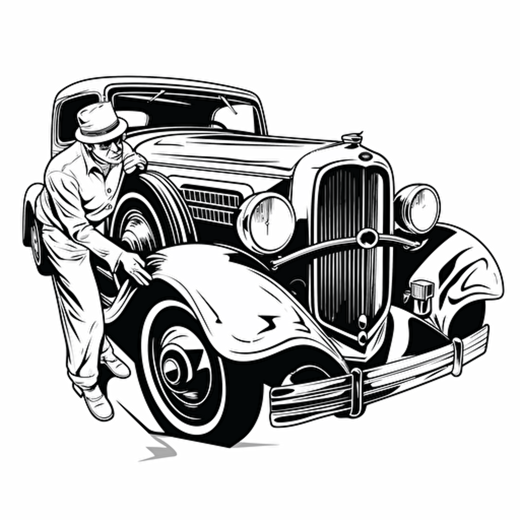 a mechanic working under the hood of a classic car, black and white design, vector isolated on white