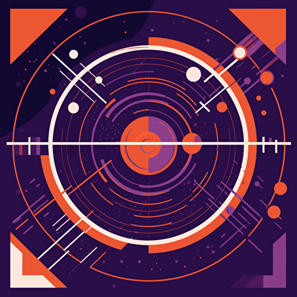 space station warping, planets, 2D, vector, flat art, fedex purple and orange