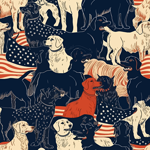 detailed vector illustration of proud dogs having fun, negative space inbetween dogs USA Flag Colors, 4th of July Theme, no watermarks