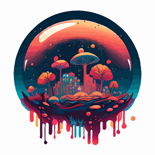 translucent space mushroom planet city,trippy art,vector style,stars,ultra simple,symetrical