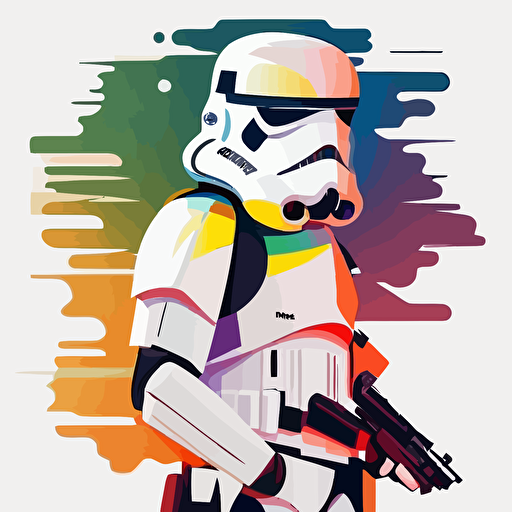 A colorful female stormtrooper, WITHOUT helmet, goofy looking, smiling, flat light, white background, vector art , pixar style