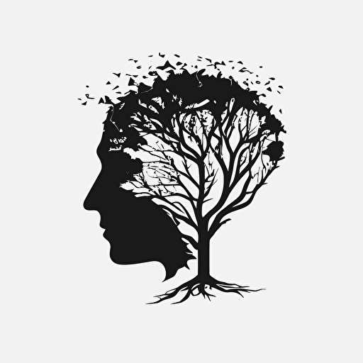 Modern, Minimalist iconic logo of head with tree sprouting out of the brain, black vector, on white background